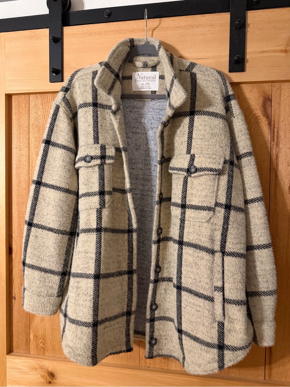 Natural Reflections Cream and Black Plaid Teddy Shacket